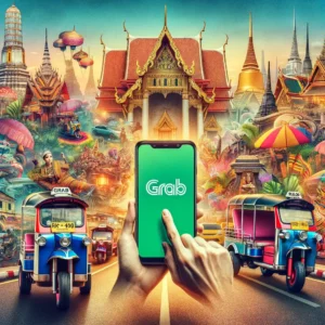 Colorful digital collage of Thai landmarks, including tuk-tuks and temples, with a smartphone displaying the Grab app interface, symbolizing Grab's presence and legality in Thailand.