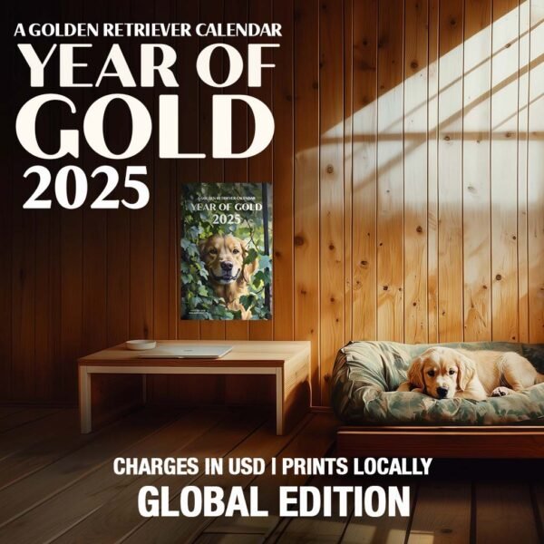 A cozy wooden room featuring a Golden Retriever resting on a camo-patterned dog bed with the ‘Year of Gold 2025’ calendar prominently displayed on the wall, showcasing the same breed in vibrant detail.