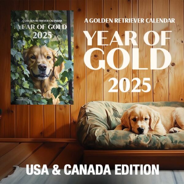 A cozy wooden room featuring a Golden Retriever resting on a camo-patterned dog bed with the ‘Year of Gold 2025’ calendar prominently displayed on the wall, showcasing the same breed in vibrant detail.