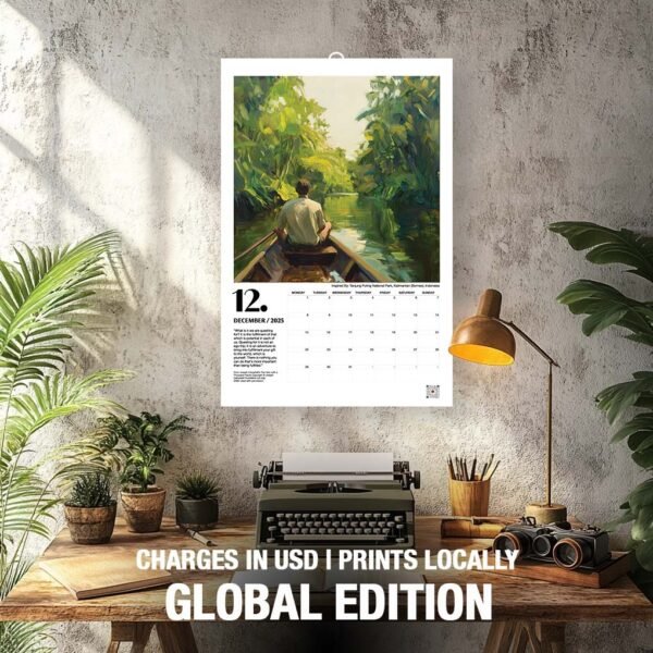 2025 ‘A Year Lived in Wanderlust’ Calendar featuring inspirational quotes and captivating travel imagery, displayed on a rustic desk with plants, books, and a typewriter. This unique calendar is an ideal Christmas gift for travelers, history enthusiasts, and adventure seekers, with monthly highlights from voices like Pico Iyer and Joseph Campbell. December page shown with an illustration of a man rowing through lush green landscapes, evoking a spirit of exploration and reflection.