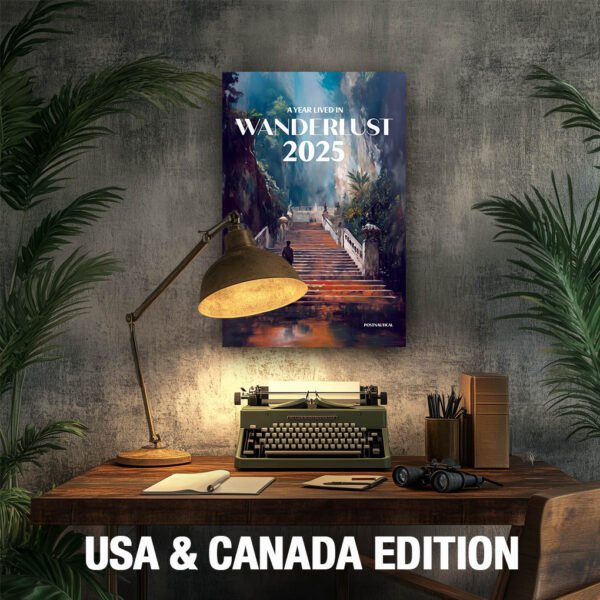 2025 ‘A Year Lived in Wanderlust’ Calendar featuring inspirational quotes and captivating travel imagery, displayed on a rustic desk with plants, books, and a typewriter. This unique calendar is an ideal Christmas gift for travelers, history enthusiasts, and adventure seekers, with monthly highlights from voices like Pico Iyer and Joseph Campbell. December page shown with an illustration of a man rowing through lush green landscapes, evoking a spirit of exploration and reflection.
